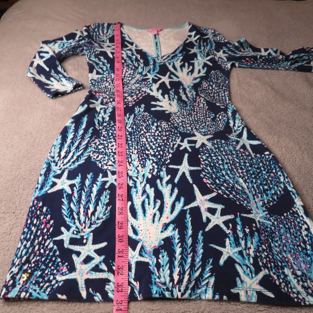 Lilly Pulitzer XS Navy Blue Coral Starfish Print V-Neck Long Sleeve Shift Dress - Picture 7 of 12